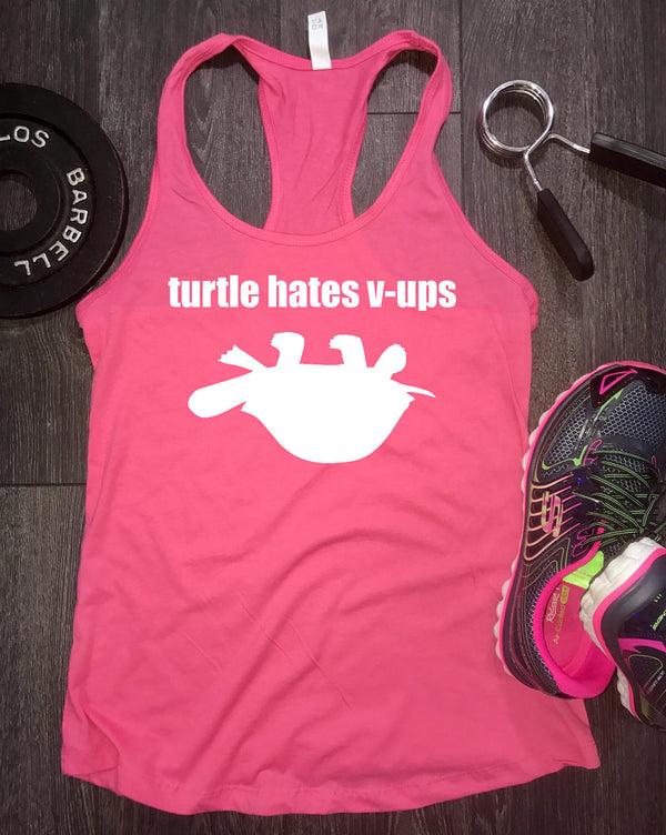 Turtle hates vups workout tank, womens funny workout tank, funny workout tank womens, trex hates, turtle hates v-ups tank, workout